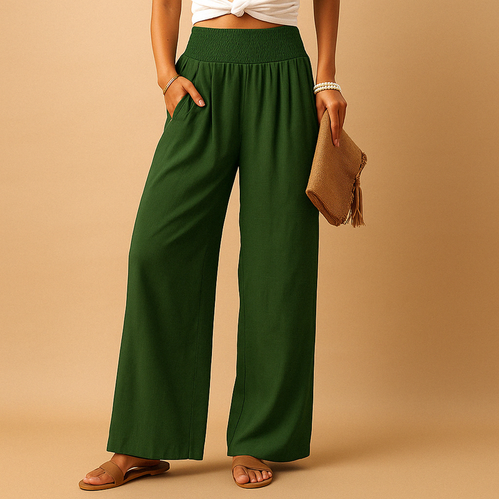 High-waist linen trousers for women with elastic waistband