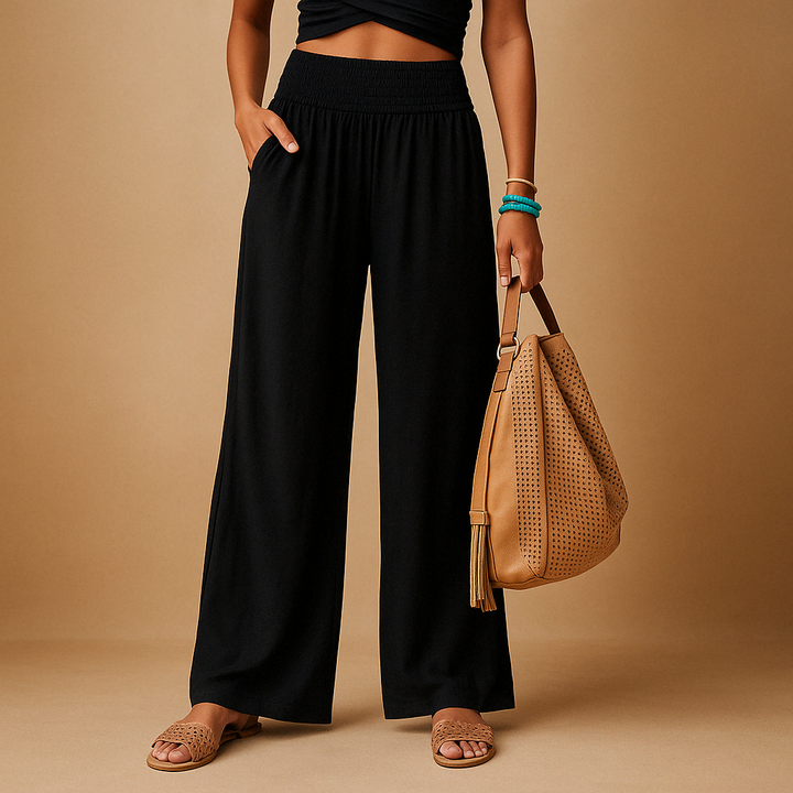 High-waist linen trousers for women with elastic waistband