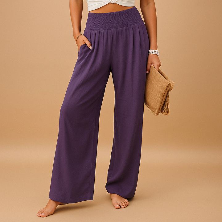 High-waist linen trousers for women with elastic waistband