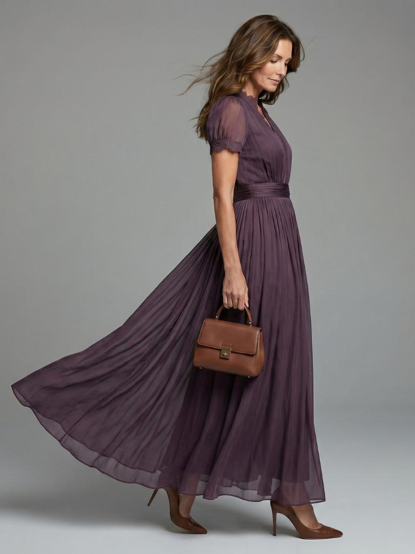 Women's Maxi Dress with Pleated Waist and Sheer Sleeves
