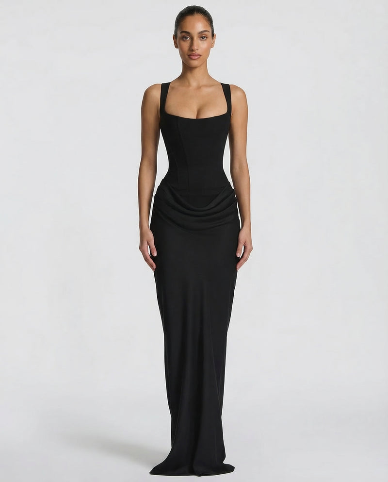 Corset Maxi Dress with Draped Skirt and Lace-Up Back