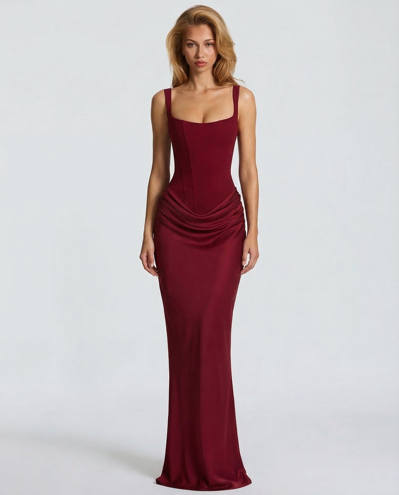 Corset Maxi Dress with Draped Skirt and Lace-Up Back