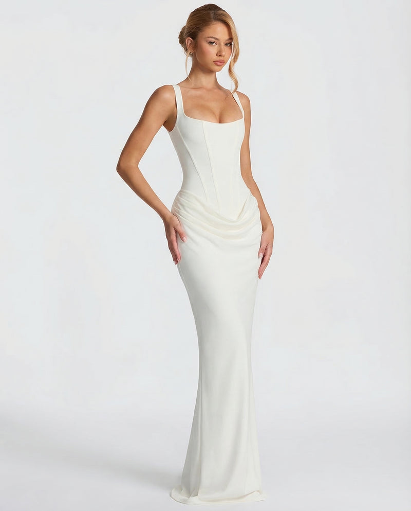 Corset Maxi Dress with Draped Skirt and Lace-Up Back