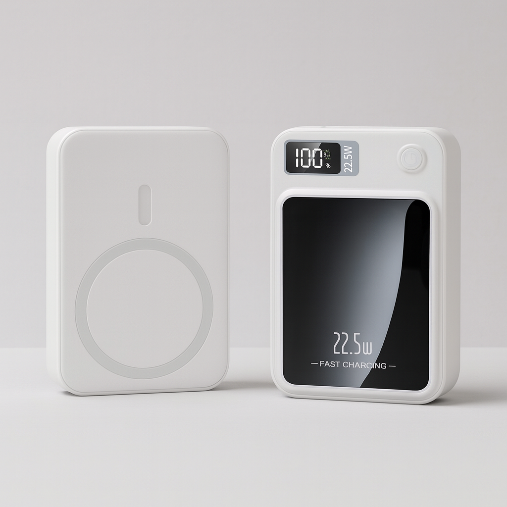 Portable 20,000 mAh Power Bank with 22.5 W Fast Charging and Wireless Charging.
