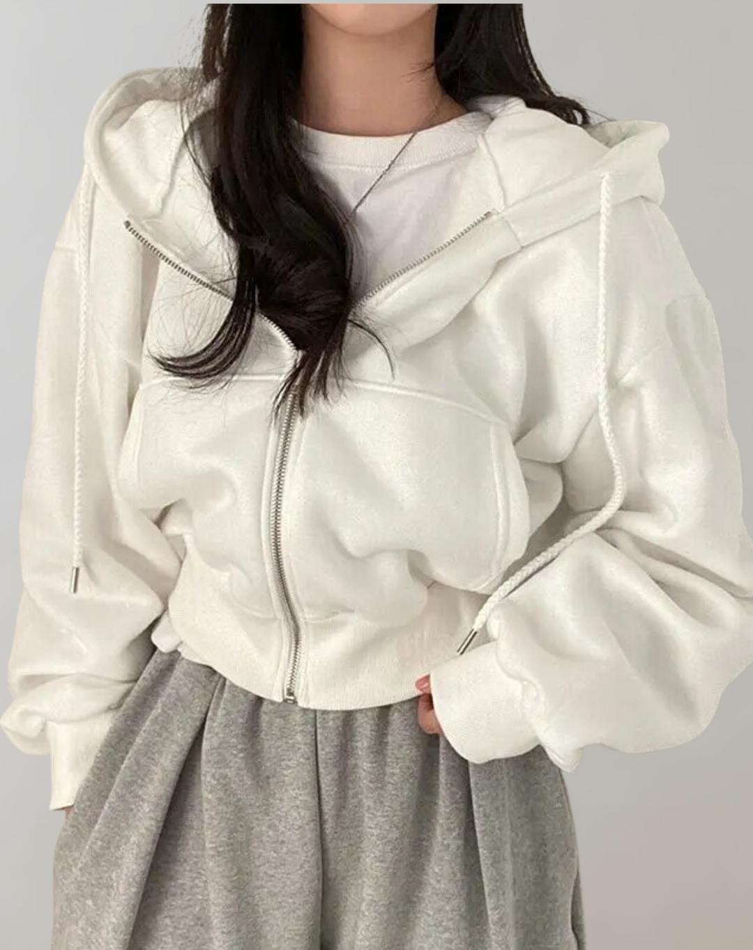 Women's Zip-Up Hoodie with Drawstring Hood and Ribbed Cuffs