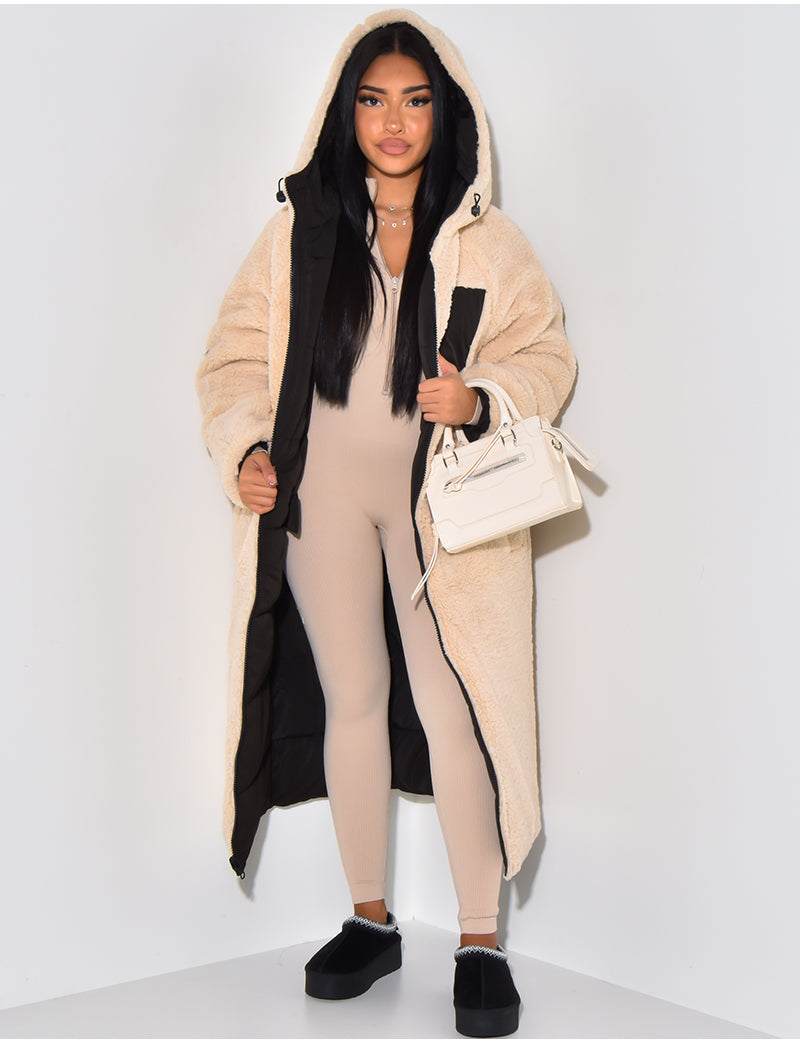 Women's Reversible Long Puffer Coat with Hood, Ankle-Length
