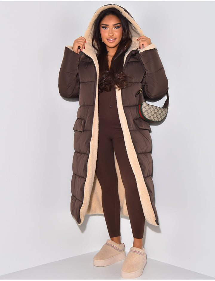 Women's Reversible Long Puffer Coat with Hood, Ankle-Length