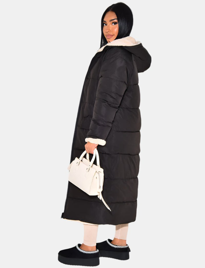 Women's Reversible Long Puffer Coat with Hood, Ankle-Length