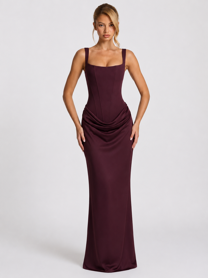 Corset Maxi Dress with Draped Skirt and Lace-Up Back