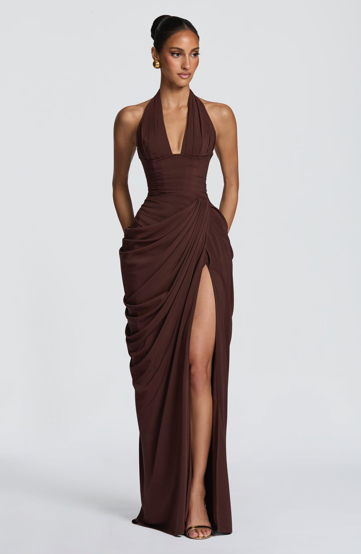 Linde Halterneck Maxi Dress with Corset Bodice and Chiffon Skirt