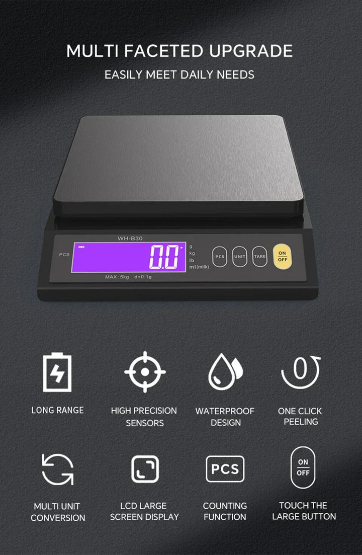 Digital Electronic Kitchen Scale 5 kg/0.1 g and 10 kg/1 g, LCD Screen, Fully Waterproof Stainless Steel Cooking Tool