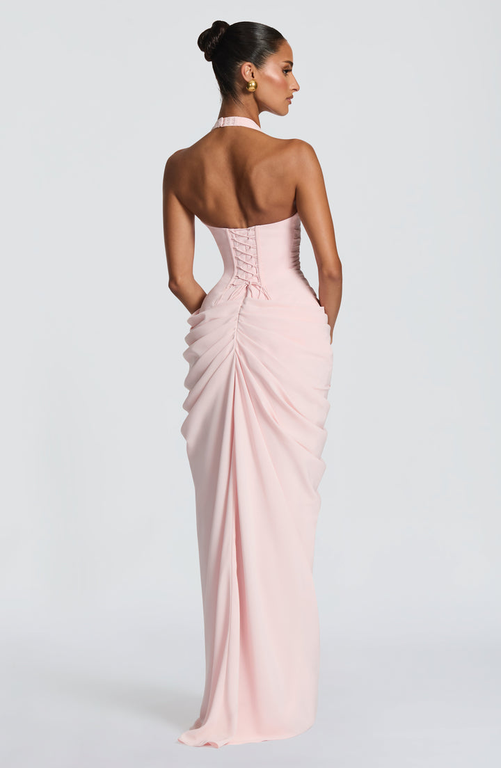 Linde Halterneck Maxi Dress with Corset Bodice and Chiffon Skirt
