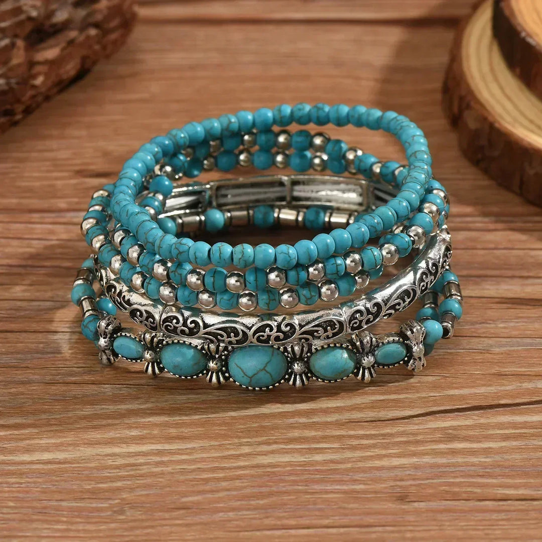 Set of 5 Bracelets with Turquoise Beads and Silver-Coloured Details.
