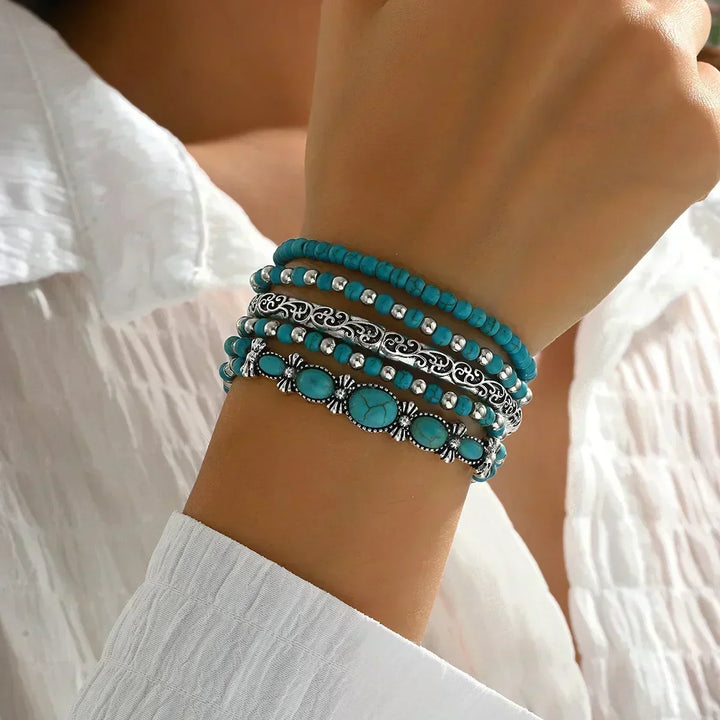 Set of 5 Bracelets with Turquoise Beads and Silver-Coloured Details.