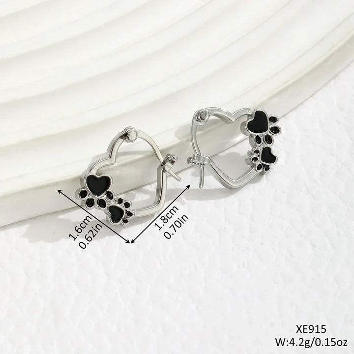 Heart Paw Huggie Earrings with Black Enamel