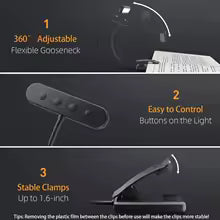 FlexiRead Reading Lamp | USB Rechargeable | 3 Light Colours and Dimmable | Clip and Flexible Arm