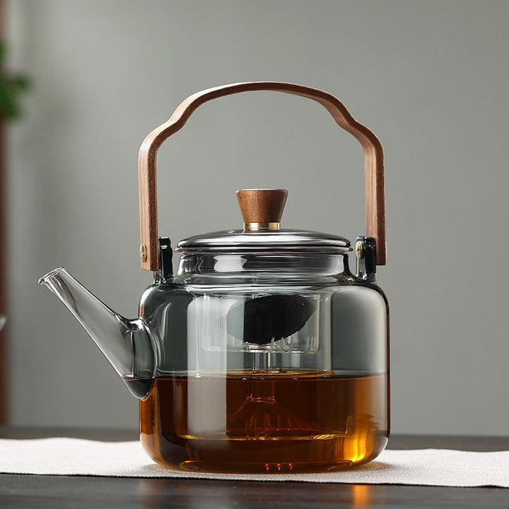 Glaskanne mit Holzdeckel und Filter – 1,2 Liter, Rauchglas und Holz für ein elegantes Tee-Erlebnis
