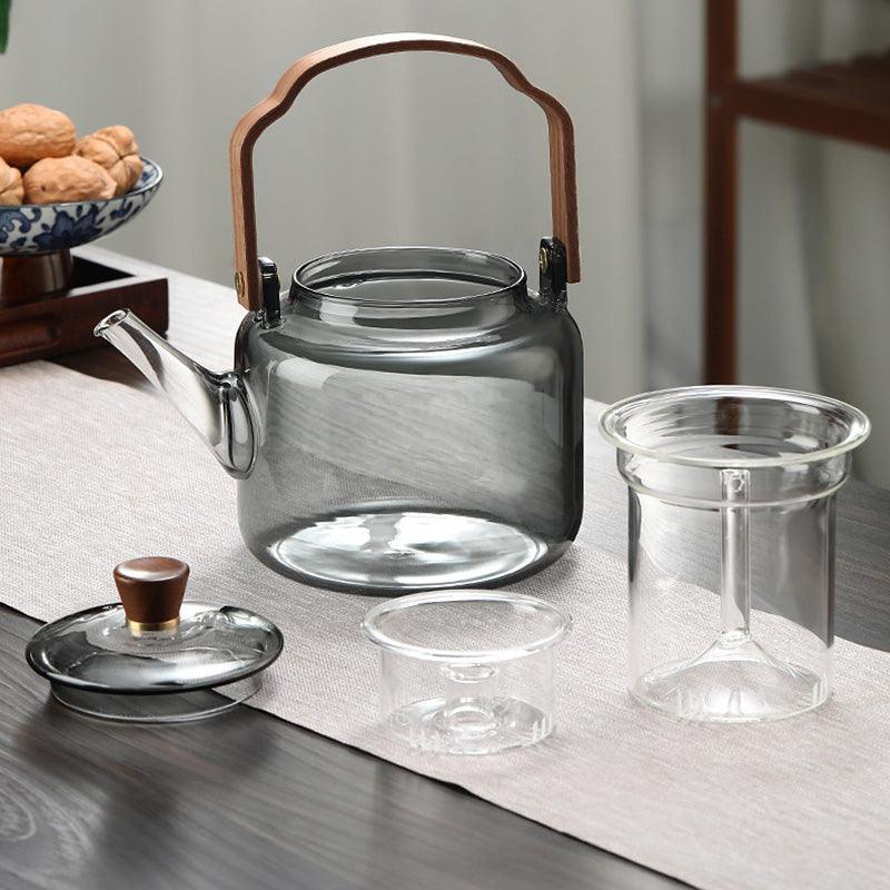 Glaskanne mit Holzdeckel und Filter – 1,2 Liter, Rauchglas und Holz für ein elegantes Tee-Erlebnis