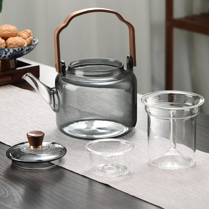 Glaskanne mit Holzdeckel und Filter – 1,2 Liter, Rauchglas und Holz für ein elegantes Tee-Erlebnis