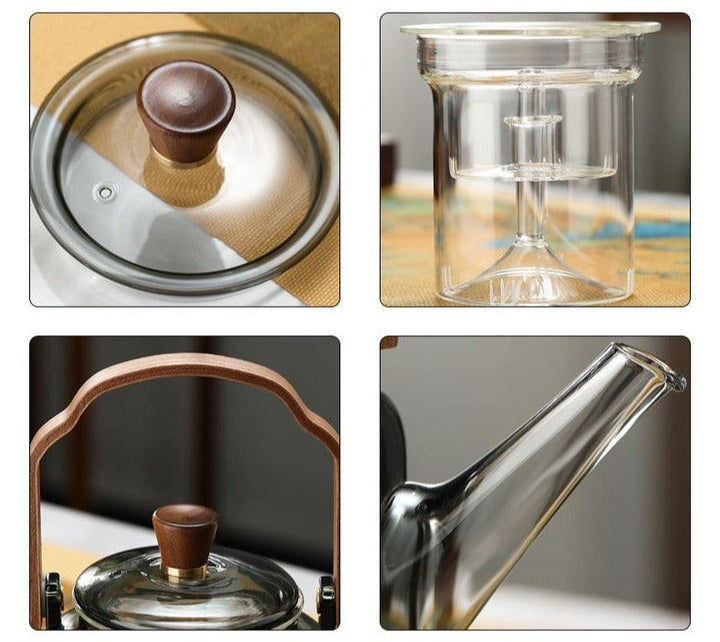 Glaskanne mit Holzdeckel und Filter – 1,2 Liter, Rauchglas und Holz für ein elegantes Tee-Erlebnis