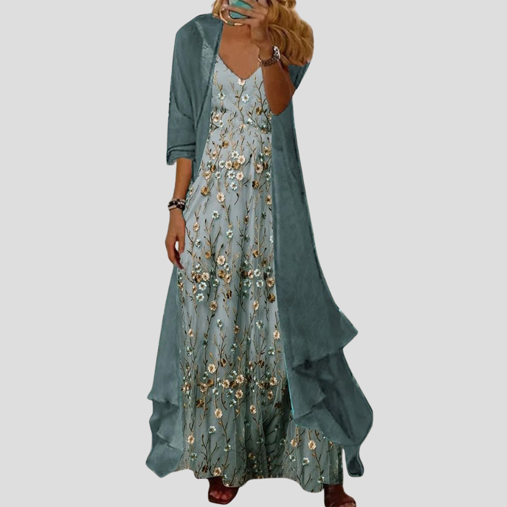 Women’s Green Floral Two-Piece Set – 3/4 Sleeve V-Neck Style
