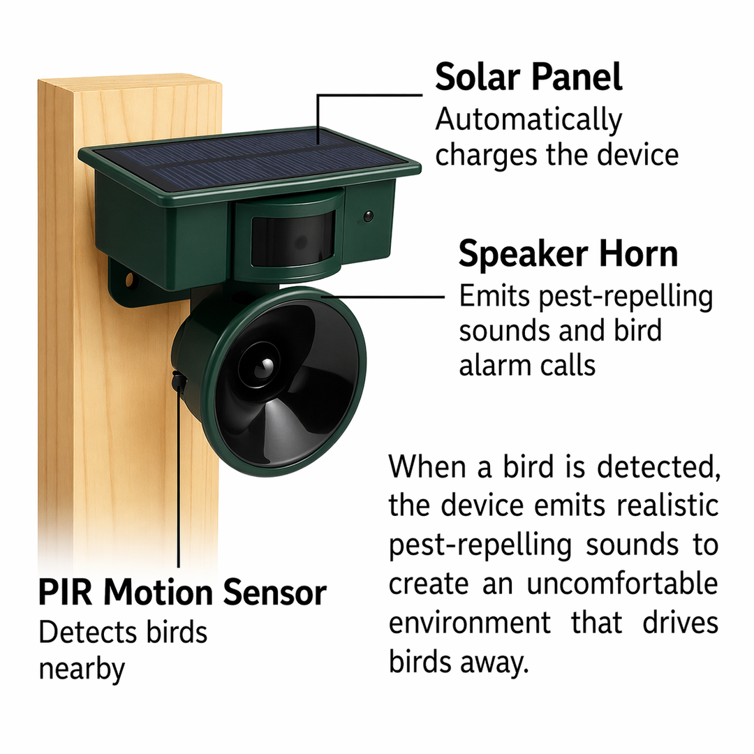 Bird Repeller | Solar-Powered Motion Detector | Animal-Friendly Hawk Calls