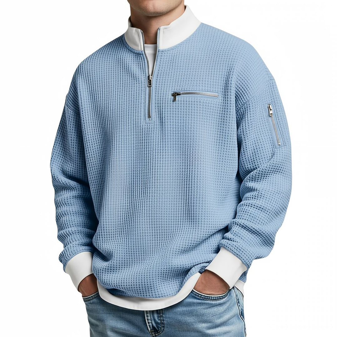 Men's waffle-knit jumper with 1/4 zip at the collar