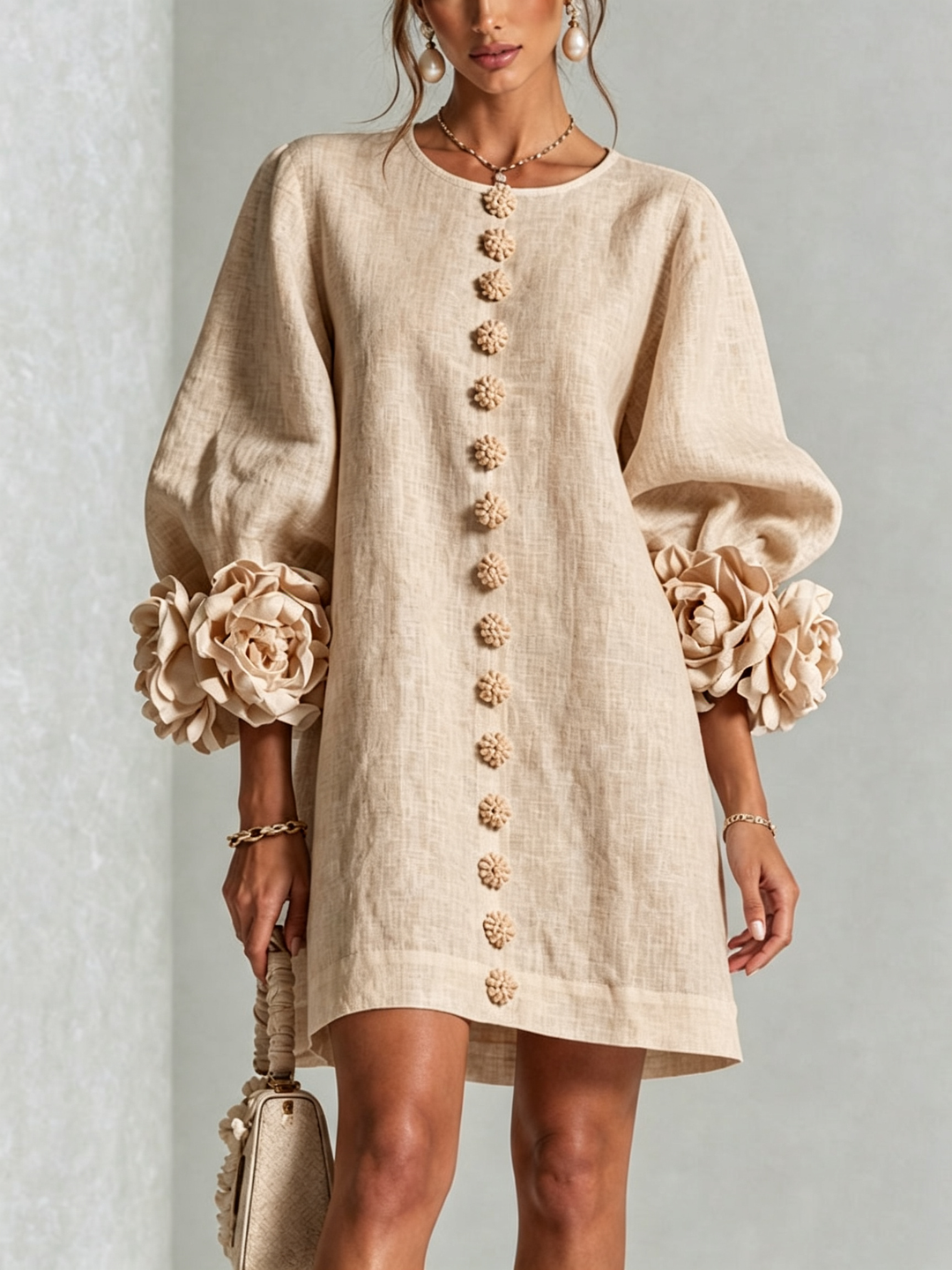 Elegant A-Line Dress with Voluminous Sleeves and Floral Buttons