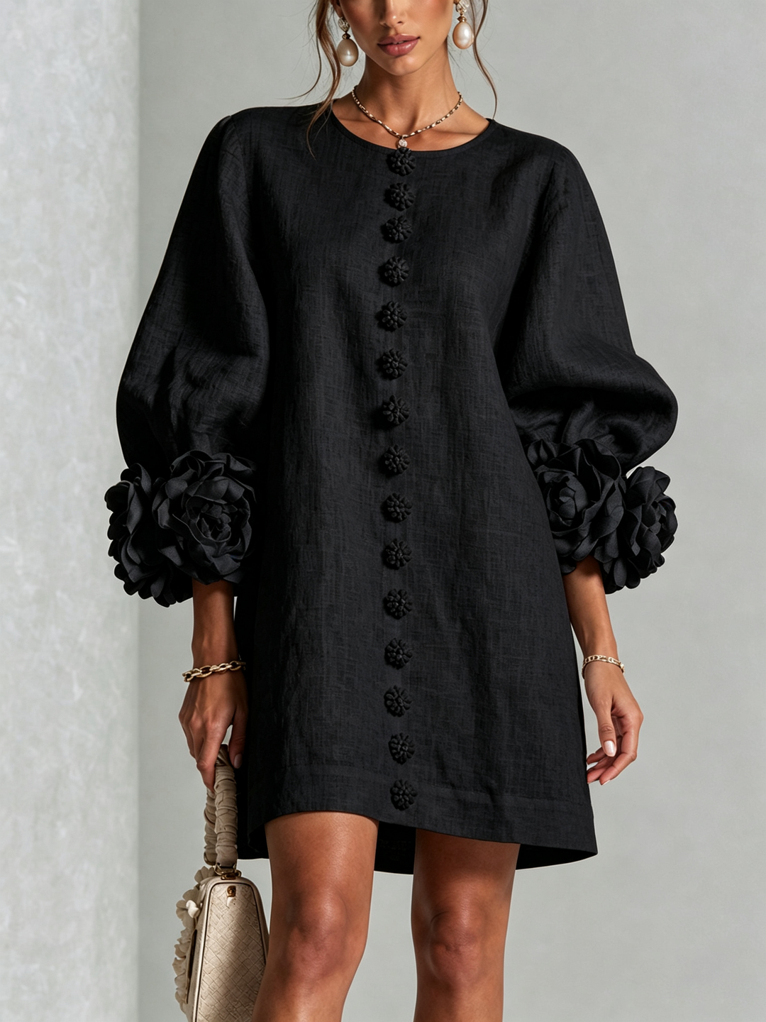 Elegant A-Line Dress with Voluminous Sleeves and Floral Buttons