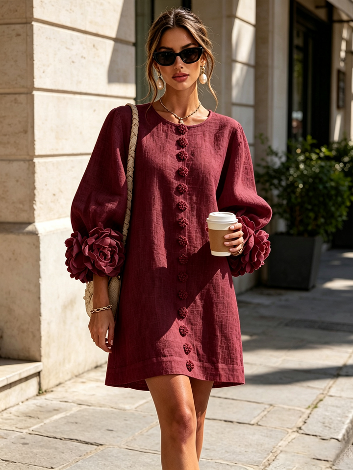 Elegant A-Line Dress with Voluminous Sleeves and Floral Buttons