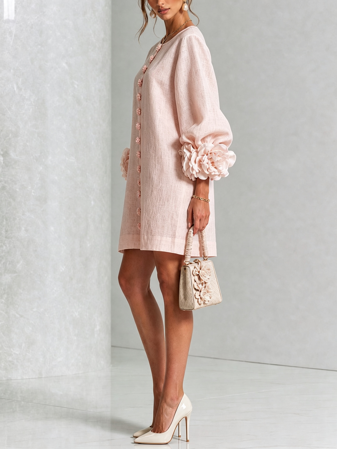 Elegant A-Line Dress with Voluminous Sleeves and Floral Buttons