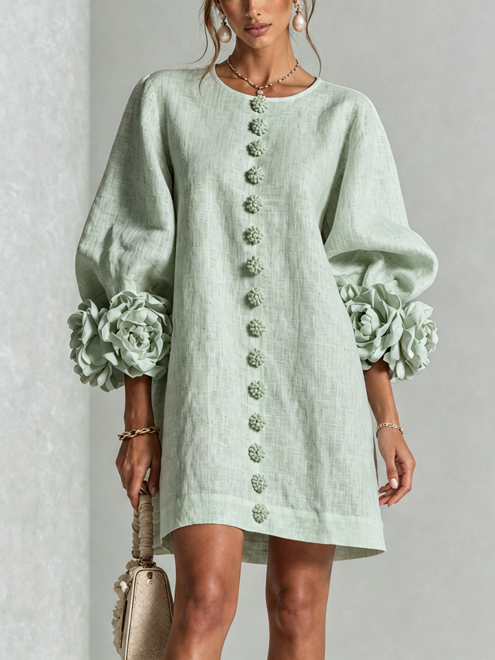 Elegant A-Line Dress with Voluminous Sleeves and Floral Buttons
