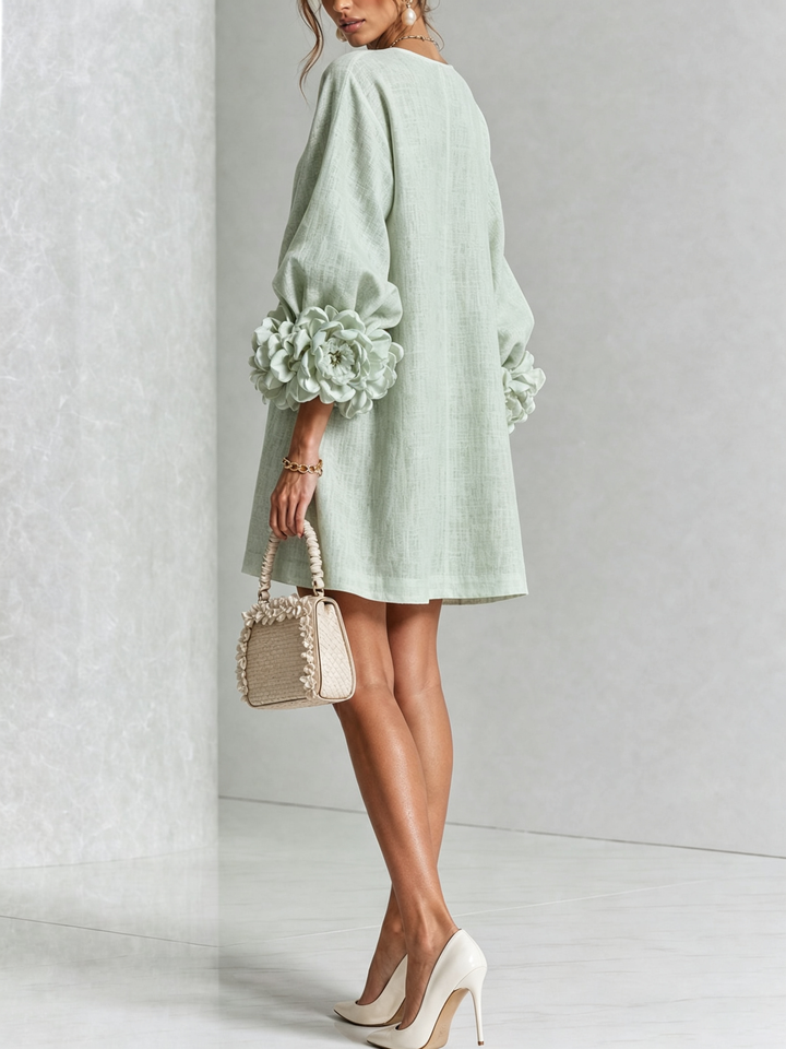 Elegant A-Line Dress with Voluminous Sleeves and Floral Buttons