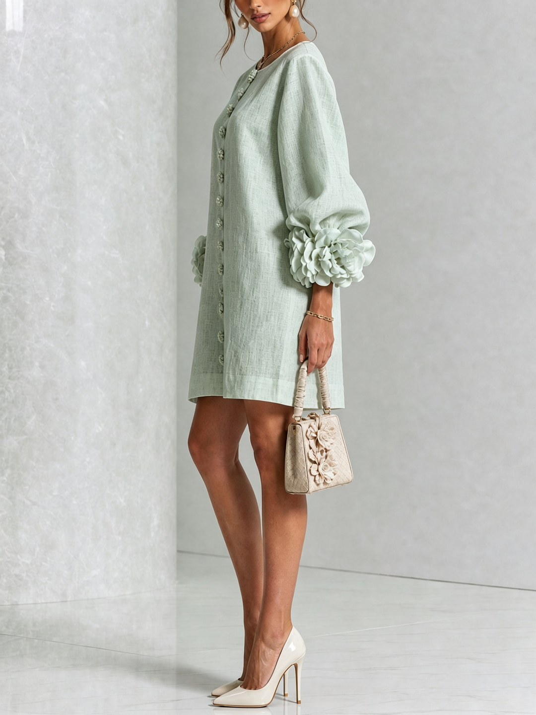 Elegant A-Line Dress with Voluminous Sleeves and Floral Buttons