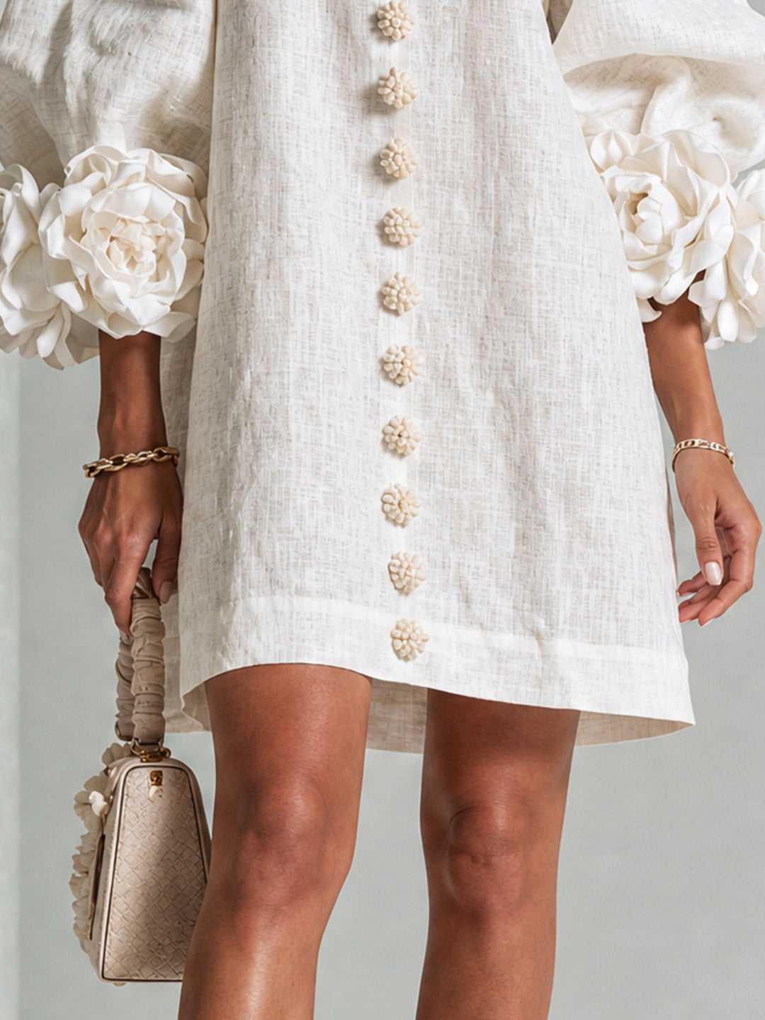 Elegant A-Line Dress with Voluminous Sleeves and Floral Buttons