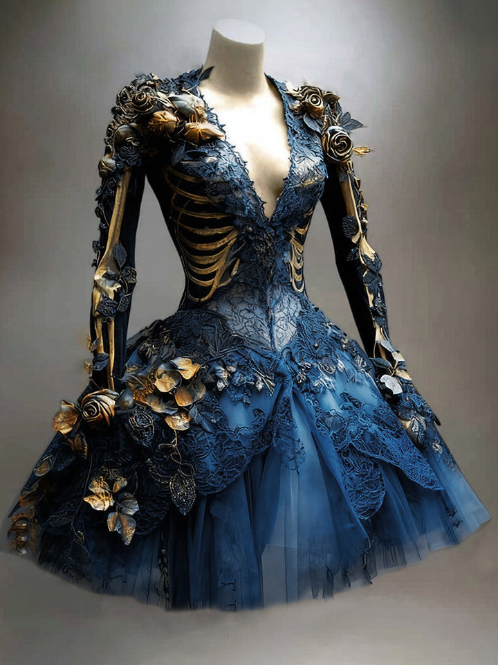 Women's Gothic Skeleton Mini Dress with Long Sleeves for Halloween