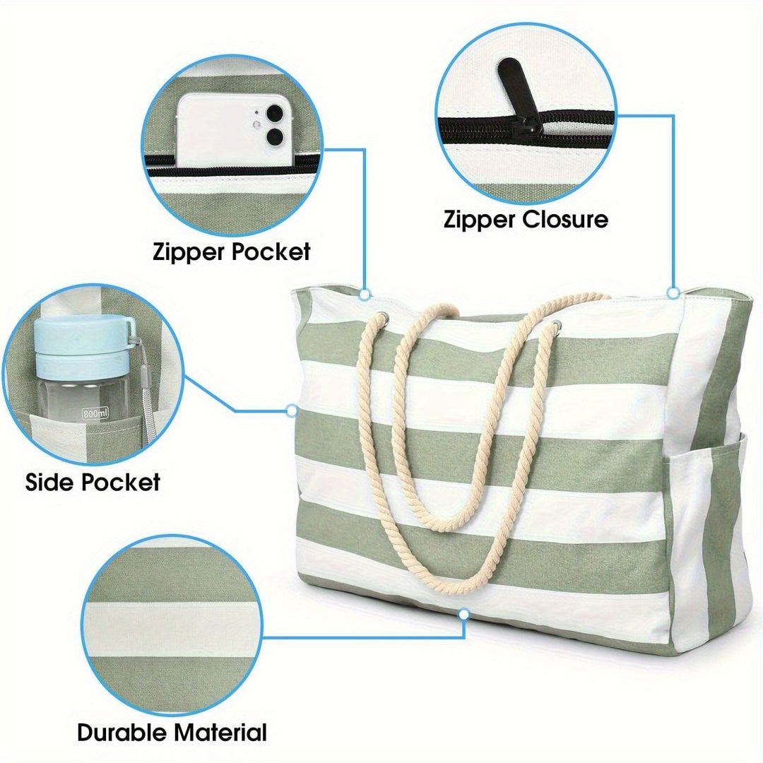 Gestreifte Strandtasche mit großer Kapazität – Robustes Polyester mit Reißverschluss