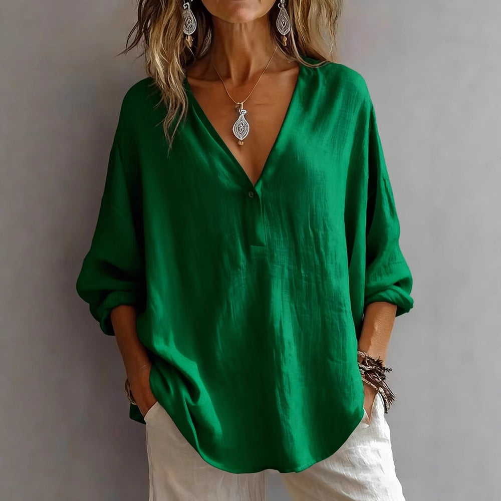 Womens Casual Loose Fashion Solid Color Long-Sleeve Top