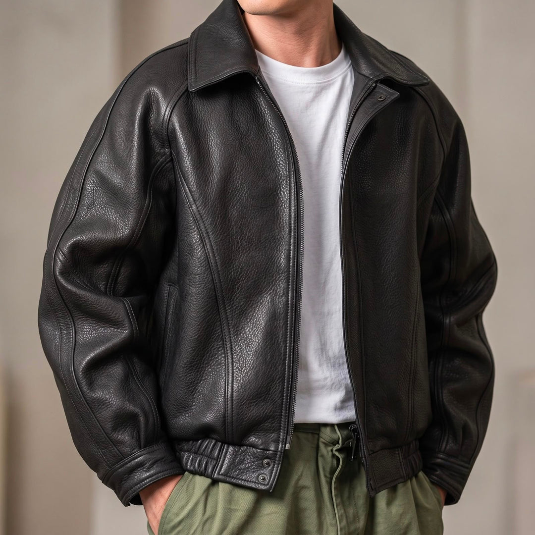 Men's Leather Jacket with Zip – Structured Collar, Mid-Layer for Spring/Autumn