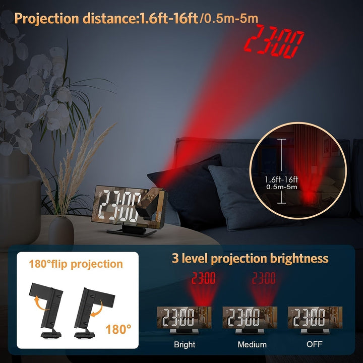 Alarm Clock with LED Projection and Adjustable 180° Projection – Clear Display and Snooze Function for Bedroom or Office