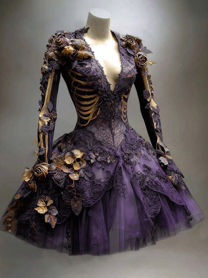 Women's Gothic Skeleton Mini Dress with Long Sleeves for Halloween