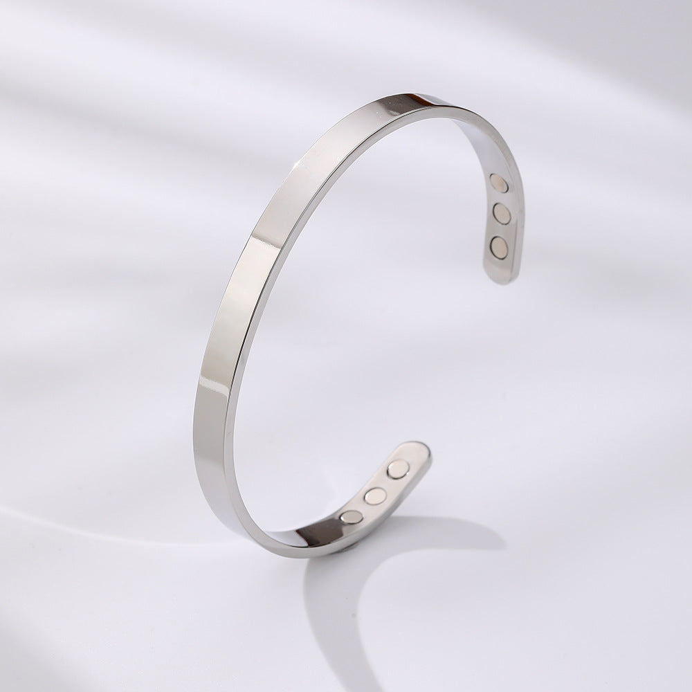 Stainless Steel Magnet Bracelet Wide Glossy Magnetic Therapy Opening