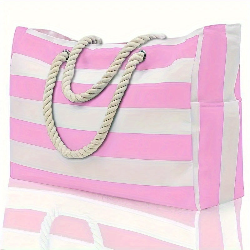 Gestreifte Strandtasche mit großer Kapazität – Robustes Polyester mit Reißverschluss