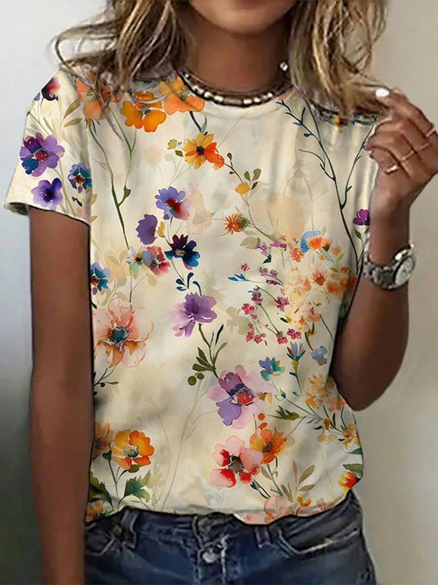 Women's Floral T-Shirt with Round Neck