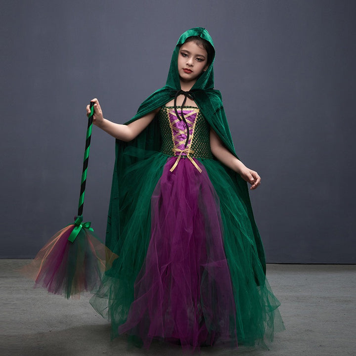 Halloween Costume Witch Children Dress Cloak Broom Set — image 1