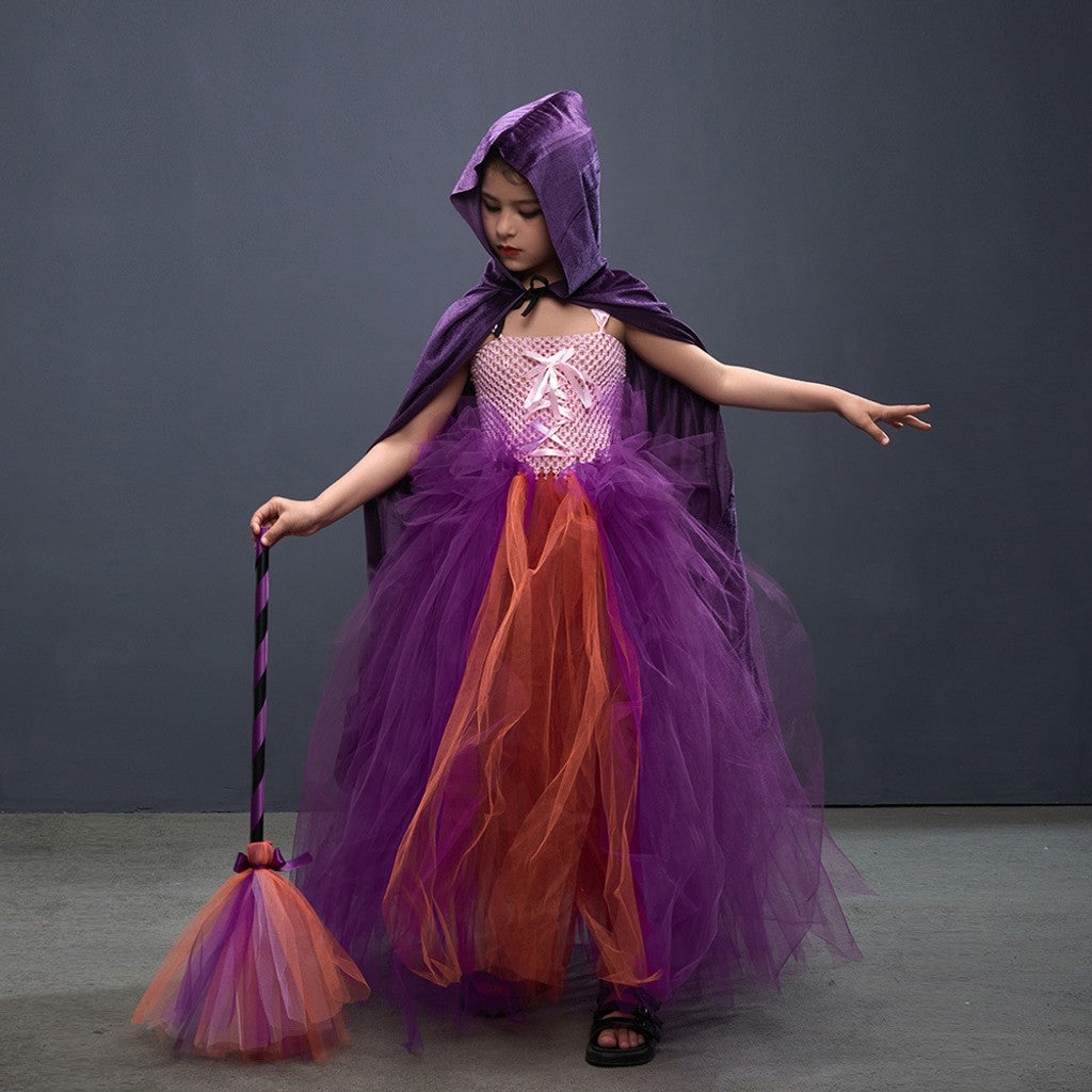 Halloween Costume Witch Children Dress Cloak Broom Set — image 5
