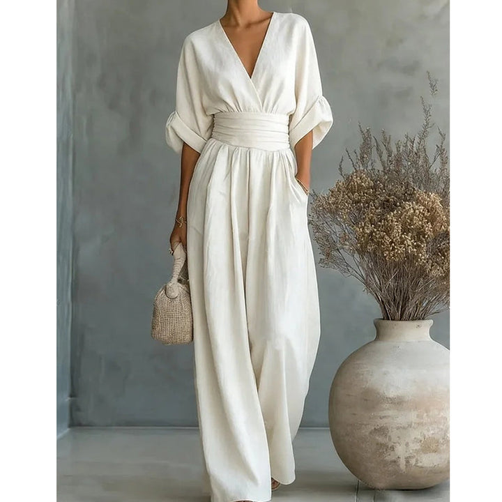 Elegant Women's Jumpsuit with V-Neck and Wide-Leg High Waist