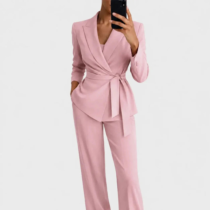 Women's Blazer and Trousers Set with Wrap Front and Tie Belt