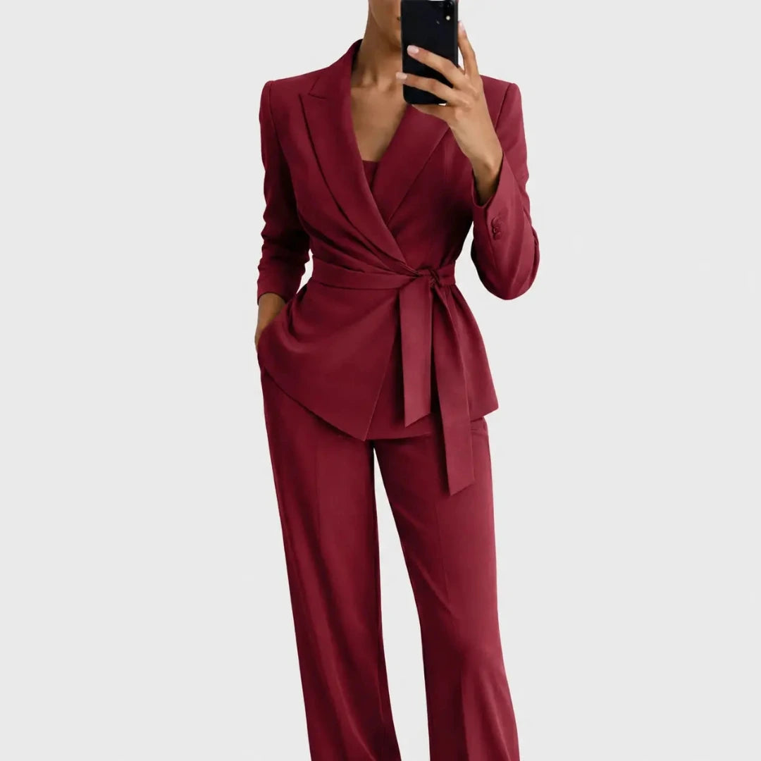 Women's Blazer and Trousers Set with Wrap Front and Tie Belt