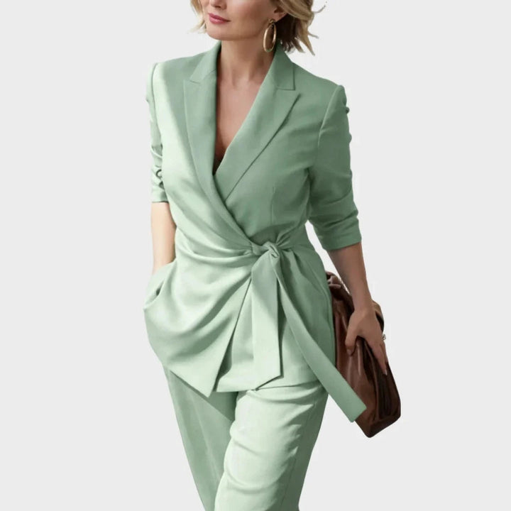 Women's Blazer and Trousers Set with Wrap Front and Tie Belt
